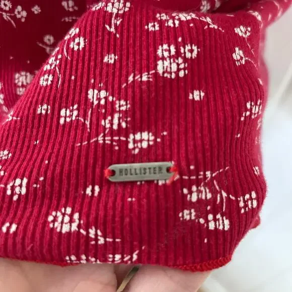 Hollister Ribbed Baby Tee Floral Y2K Fitted T Shirt Red Women L - Picture 2 of 5
